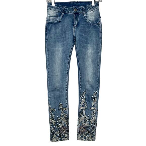 VTG Mozzaar Y2K Skinny Jeans Floral Faded Mid-Rise Denim Pants Stretch Sz S 26'' - Picture 1 of 13